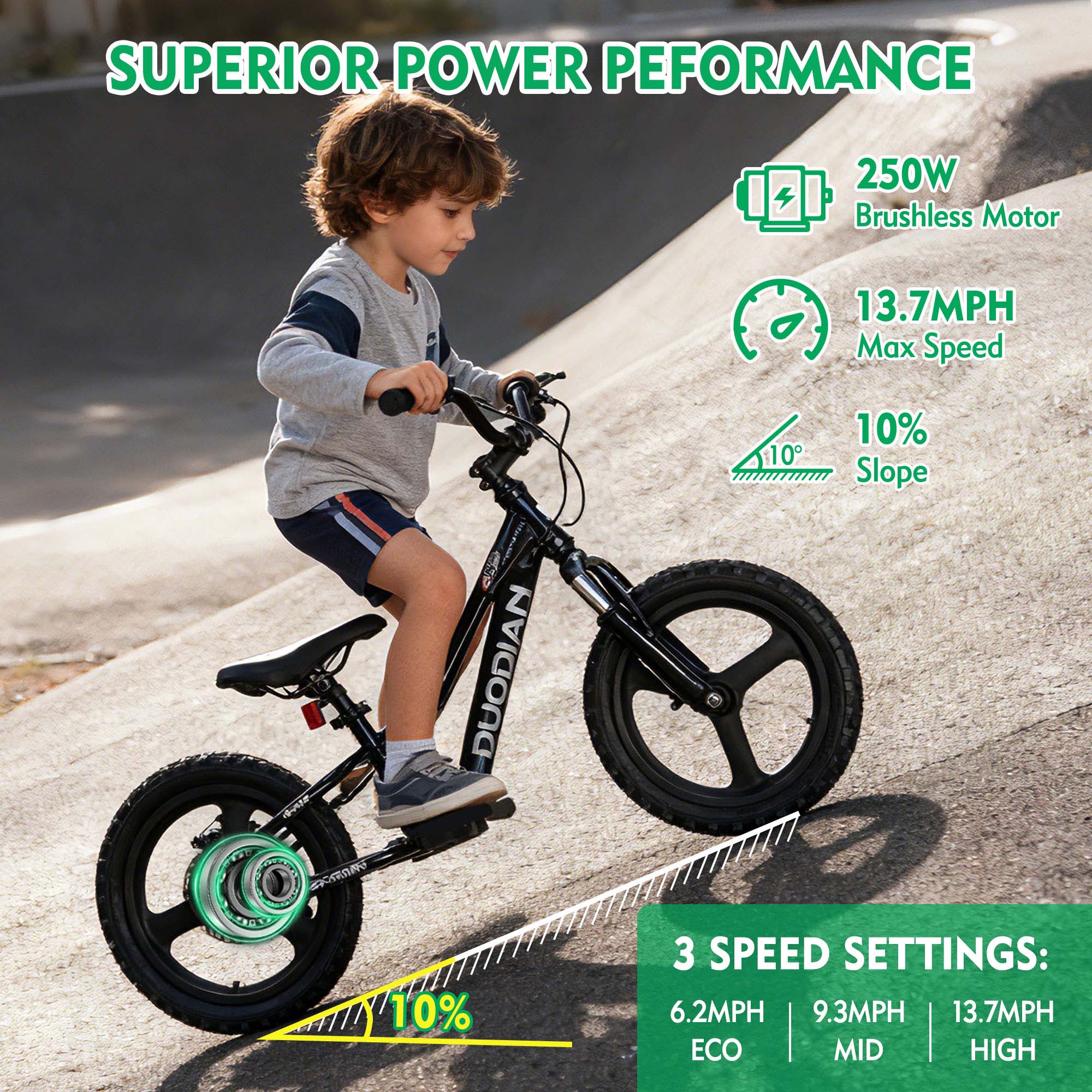 DuoDian KIDS ELECTRIC BIKE 250W 16" FOR AGES 5-12, UP TO 13.7 MPH, 12.4 MILES RANGE