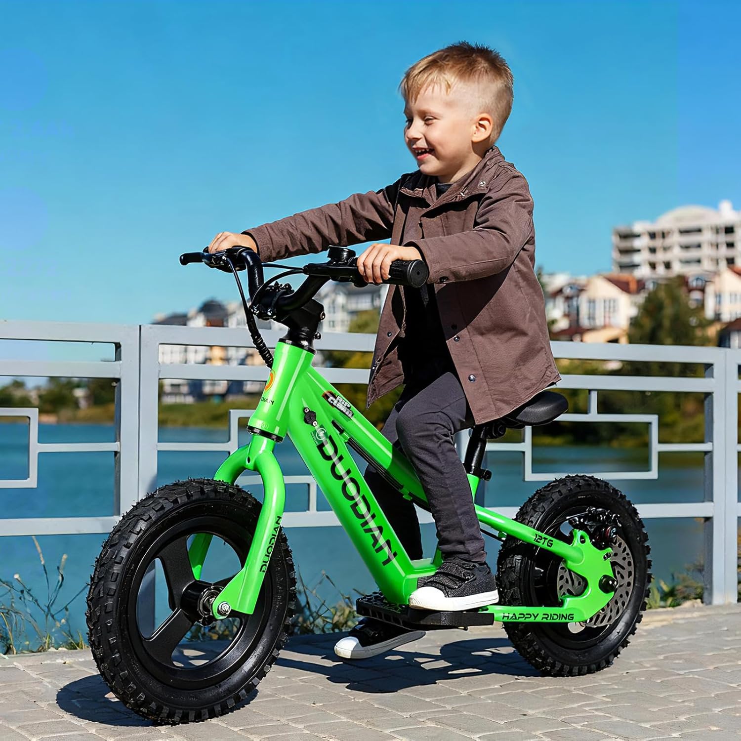 Electric Balance Bike for Kids, 180W Peak Motor,Toddler Balance Bikes with 12-inch Pneumatic Tires, Adjustable Seat, Electric Bike for Children Ages 3-6,Green