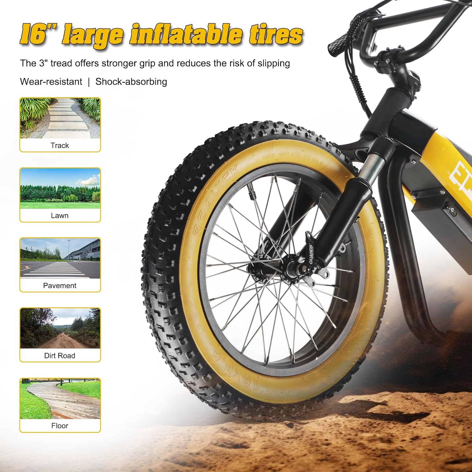 Electric Bike for Kids, 16'' Fat Tire, 750W Small E-Bike with 36V/7.8Ah Battery, 19MPH 20 Mile Range Electric Dirt Bike with Full Suspension,Yellow