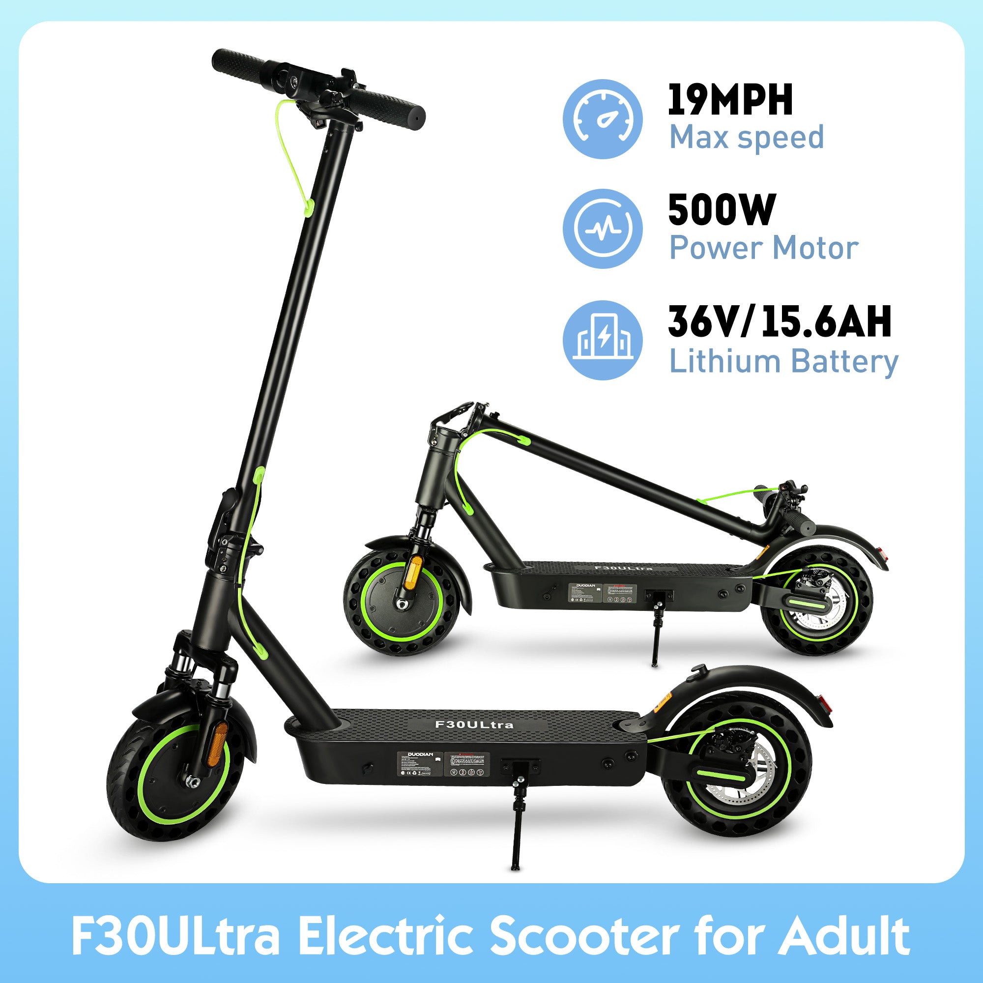 DuoDian F30ULTRA Electric Scooter for Adults, 500W Motor, 19 MPH, 31 Miles Range, 10" Tires