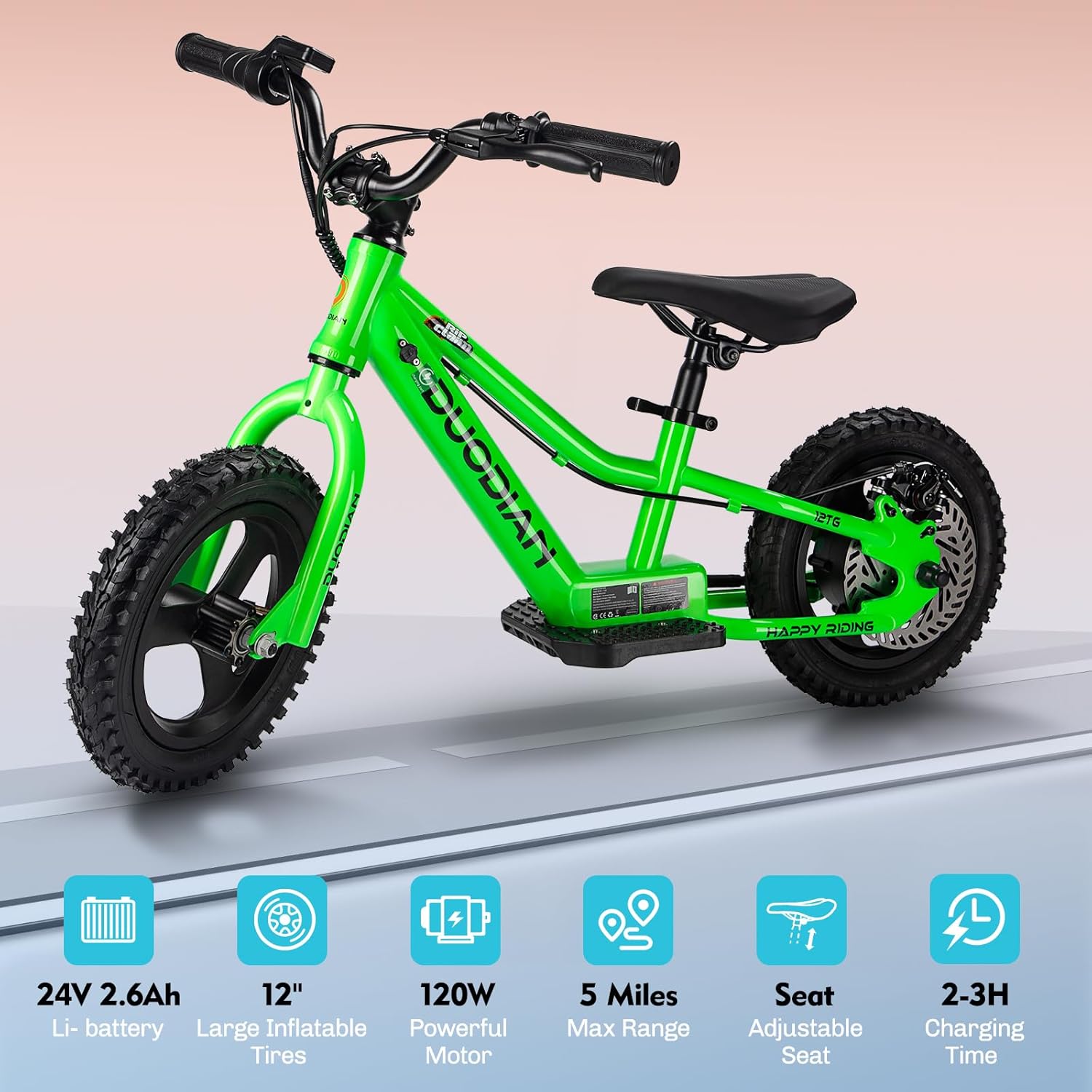 Electric Balance Bike for Kids, 180W Peak Motor,Toddler Balance Bikes with 12-inch Pneumatic Tires, Adjustable Seat, Electric Bike for Children Ages 3-6,Green