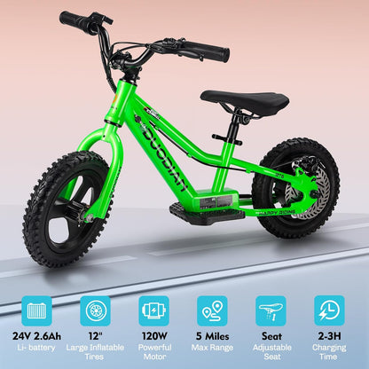 Electric Balance Bike for Kids, 180W Peak Motor,Toddler Balance Bikes with 12-inch Pneumatic Tires, Adjustable Seat, Electric Bike for Children Ages 3-6,Green