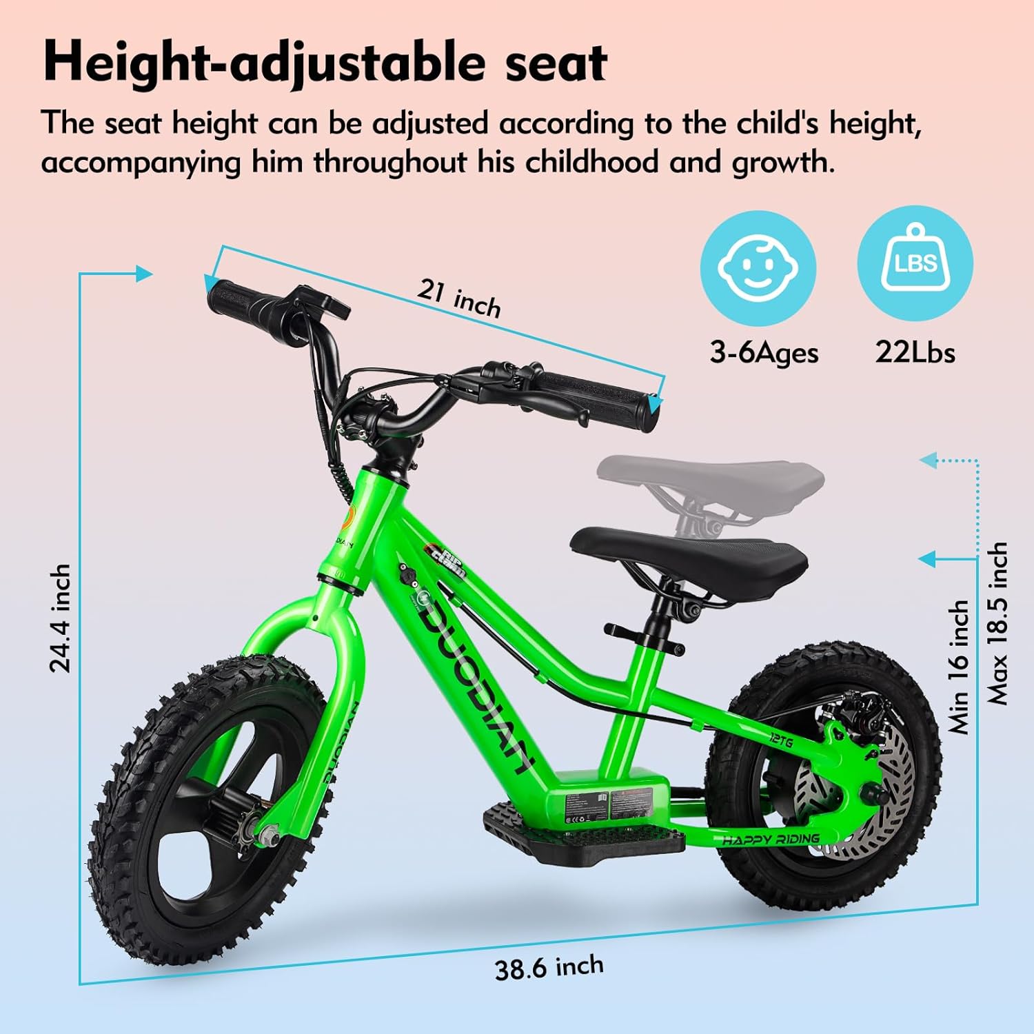 Electric Balance Bike for Kids, 180W Peak Motor,Toddler Balance Bikes with 12-inch Pneumatic Tires, Adjustable Seat, Electric Bike for Children Ages 3-6,Green