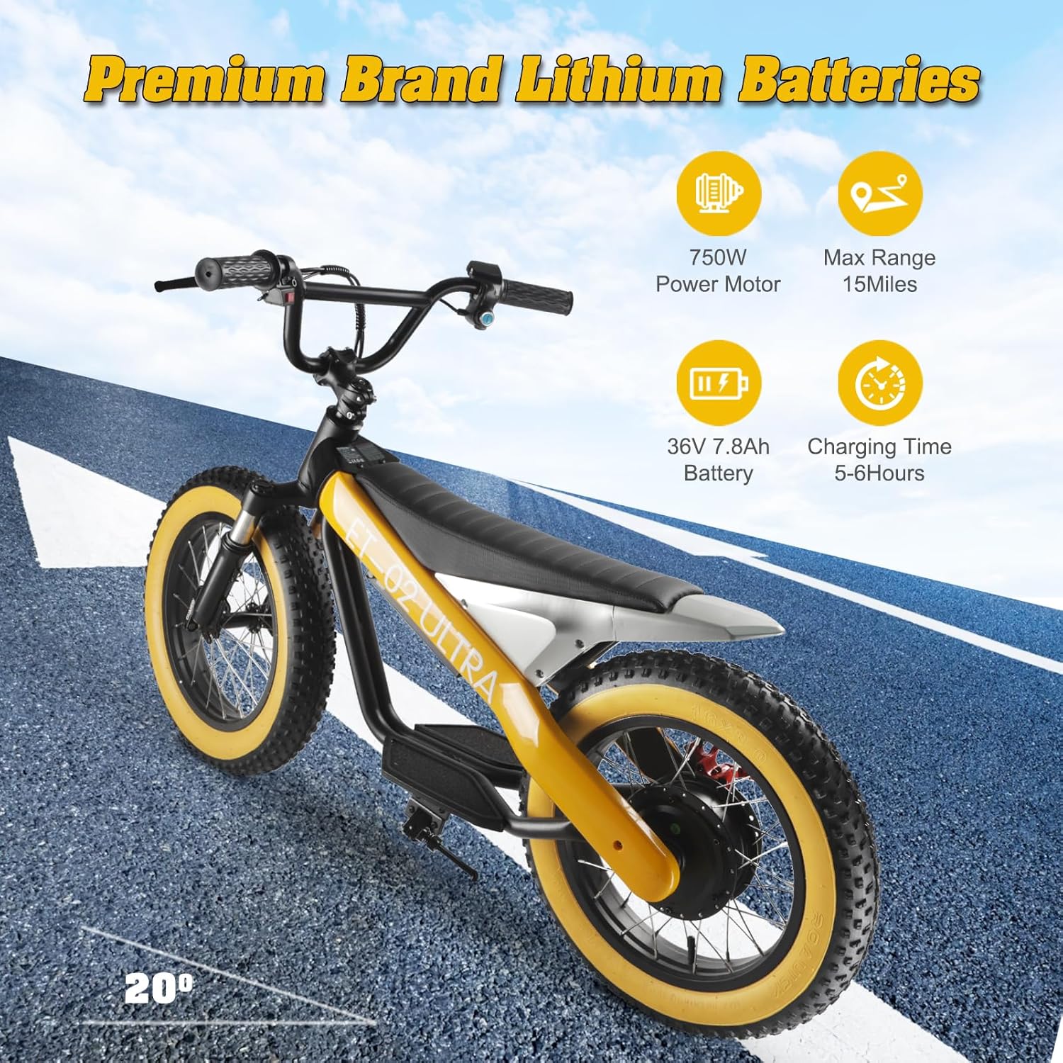 Electric Bike for Kids, 16'' Fat Tire, 750W Small E-Bike with 36V/7.8Ah Battery, 19MPH 20 Mile Range Electric Dirt Bike with Full Suspension,Yellow